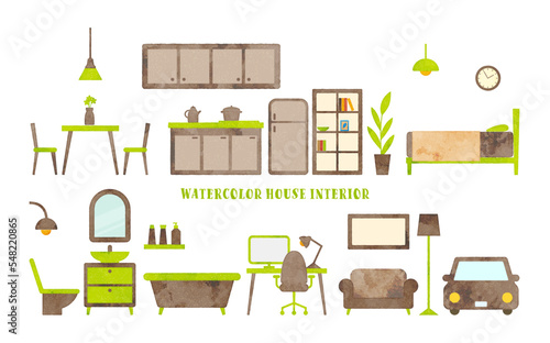set of vector watercolor furniture illustration (brown, green)