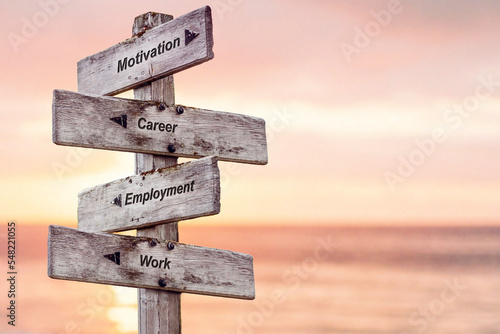 motivation career employment work text written on wooden signpost outdoors at the beach during sunset