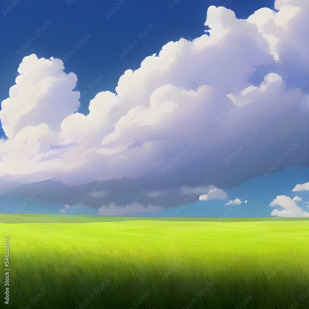 Obraz premium きれいな草原、空、雲。心地良い風景。