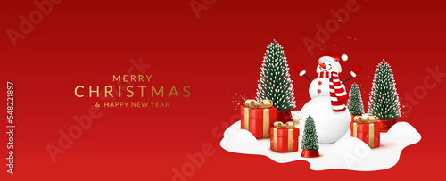 Christmas and New Year greeting card with snowman, red gift boxes and christmas trees.