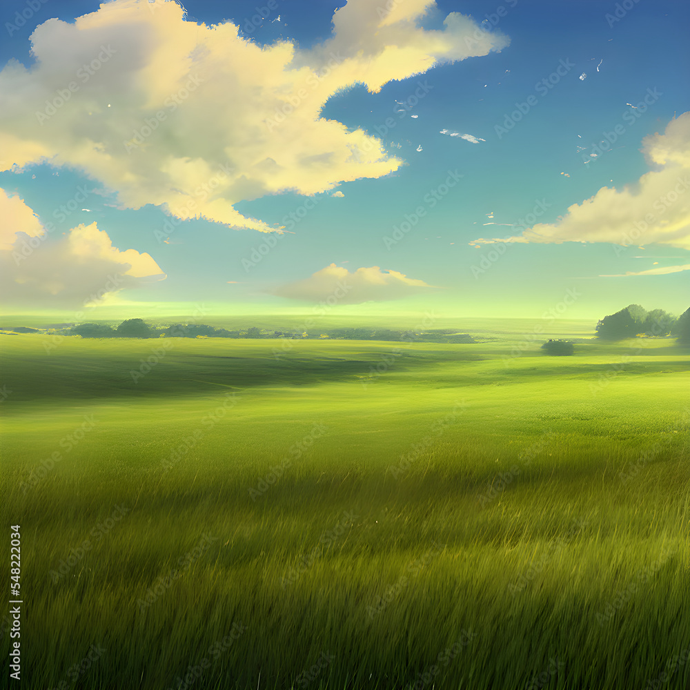 きれいな草原、空、雲。心地良い風景。
