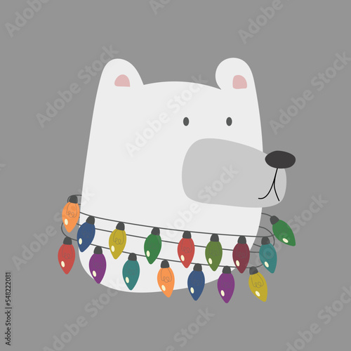Holiday white polar bear head with Christmas lights. Vector illustration of cute cartoon bear in warm red hat and scarf for greeting cards, prints
