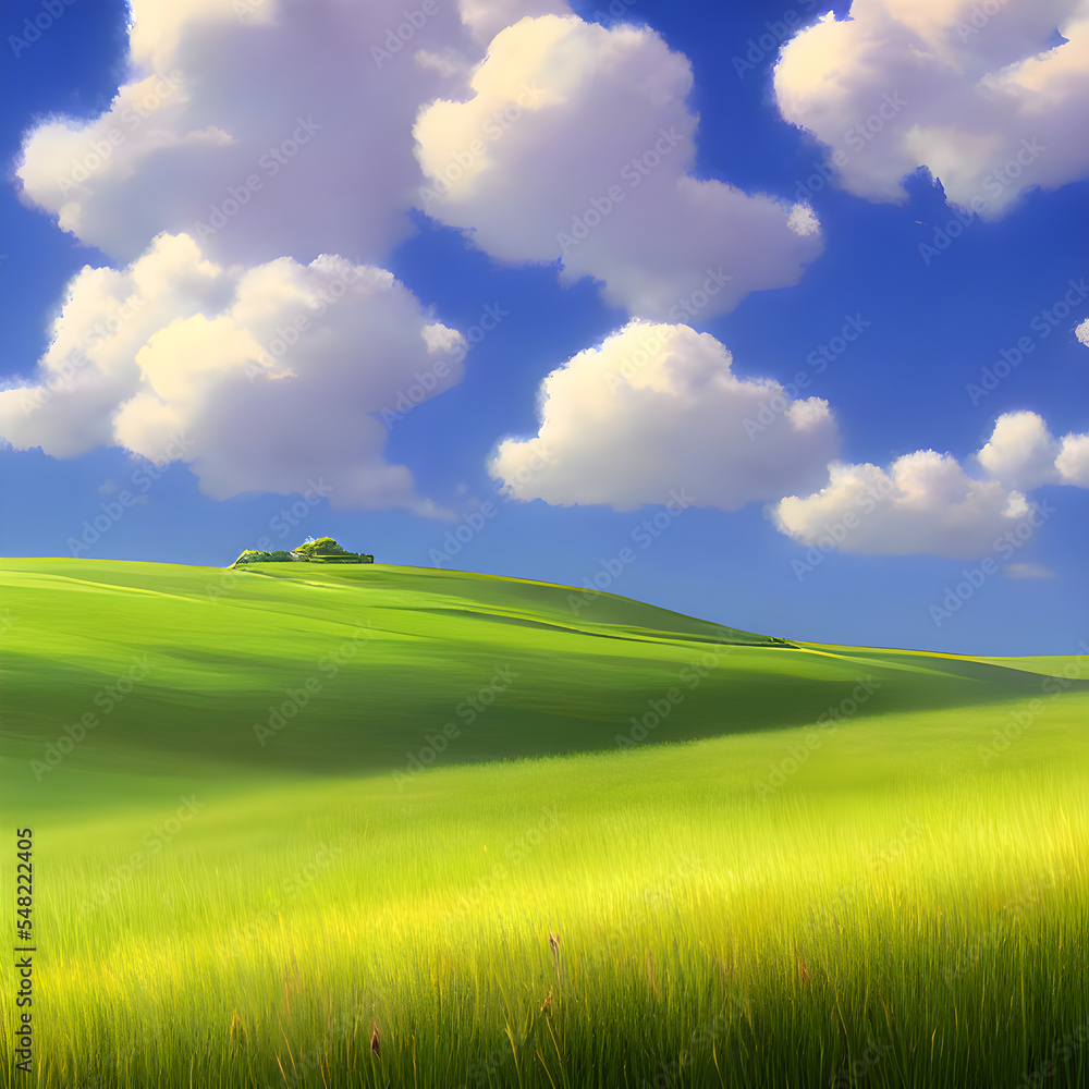 Fototapeta premium きれいな草原、空、雲。心地良い風景。