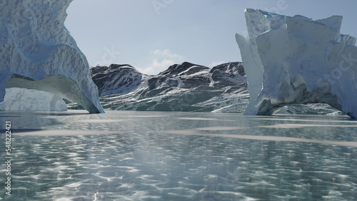 Rendering of antarctic landscape with cracked ice and mountains