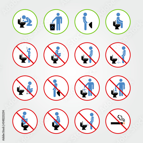 Set of toilet signs. WC icons. Restroom Signs Illustration. No pee sign. Set of prohibition signs.