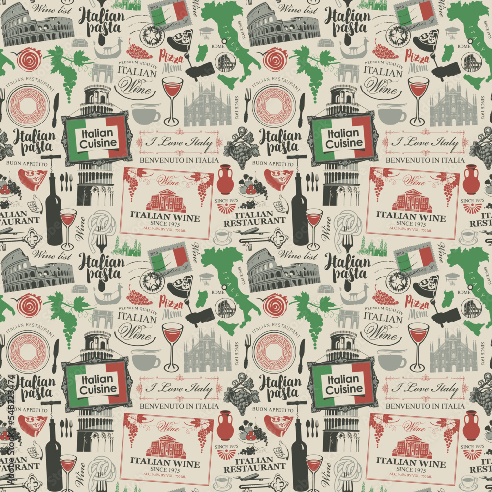 Seamless pattern on the theme of Italy and Italian cuisine in colors of Italian flag in retro style. Vector background with landmarks, food and drink. Suitable for wallpaper, wrapping paper, fabric