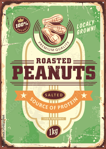 Roasted peanuts retro advertising sign label design template on old scratched background. Vintage food poster layout for salted peanut snacks. Vector illustration for grocery product.
