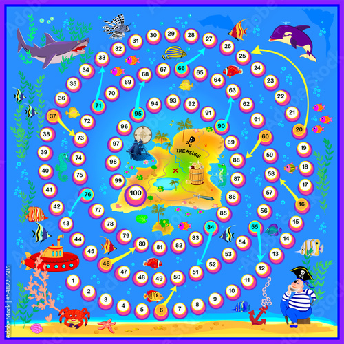 Board game for little children with a dice. Treasure island adventure. Printable page for baby book. Developing counting skills. Study numbers. Vector cartoon illustration for kids. Play online.