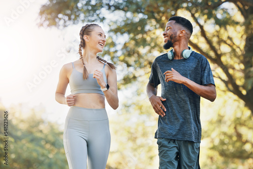 Couple, training and outdoor for running for health, wellness and workout together. Man, woman and fitness in nature, for exercise and smile to relax, practice and workout for bonding and loving.