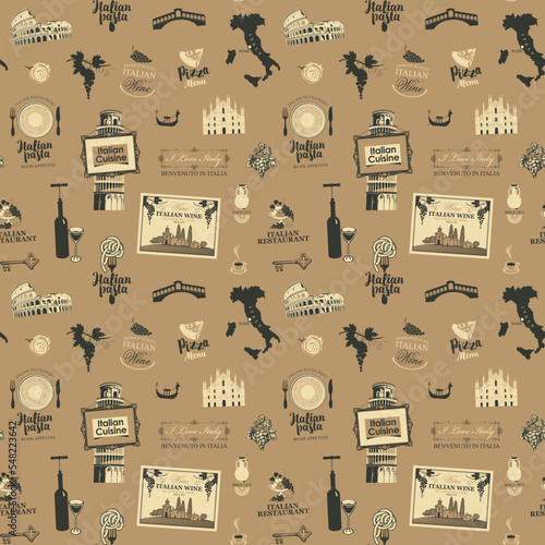 Seamless pattern on the theme of Italy and Italian cuisine in beige colors in retro style. Vector background with landmarks, wine labels, letterings, food and drink. Wallpaper, wrapping paper, fabric