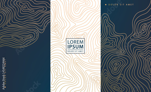 Vector topographic map set banners. Contour line geographic map pattern. Golden and black, white. labels, frames, wedding invitations, social net stories, packaging, luxury products, perfume, wine.