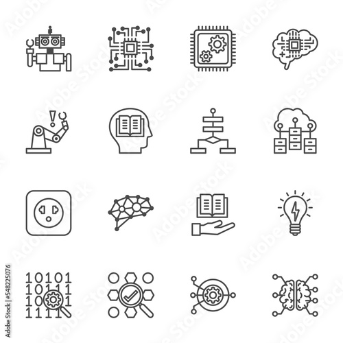 AI Artificial Intelligence technology and Machine Learning Icons, Vector thin line icons set.