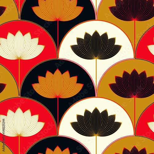 asian style lotus flower seamless pattern in red gold ivory shades