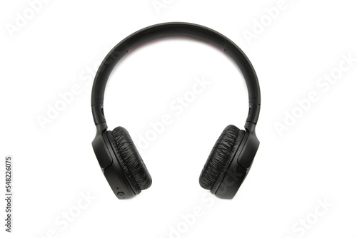 Black, modern wireless headphones isolated on a white background.