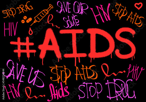 World AIDS day concept with graffiti style on black background. AIDS awareness street style banner for support HIV-positive people and solidarity with red ribbon symbol. Hand drawn vector illustration