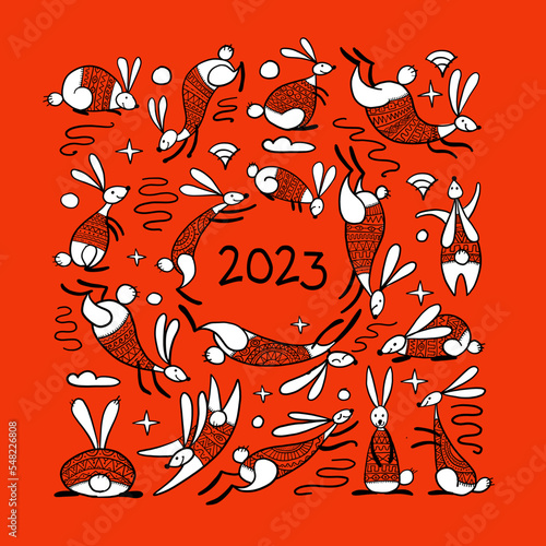 Happy chinese new year 2023 of the rabbit zodiac sign. Greeting card design. ...