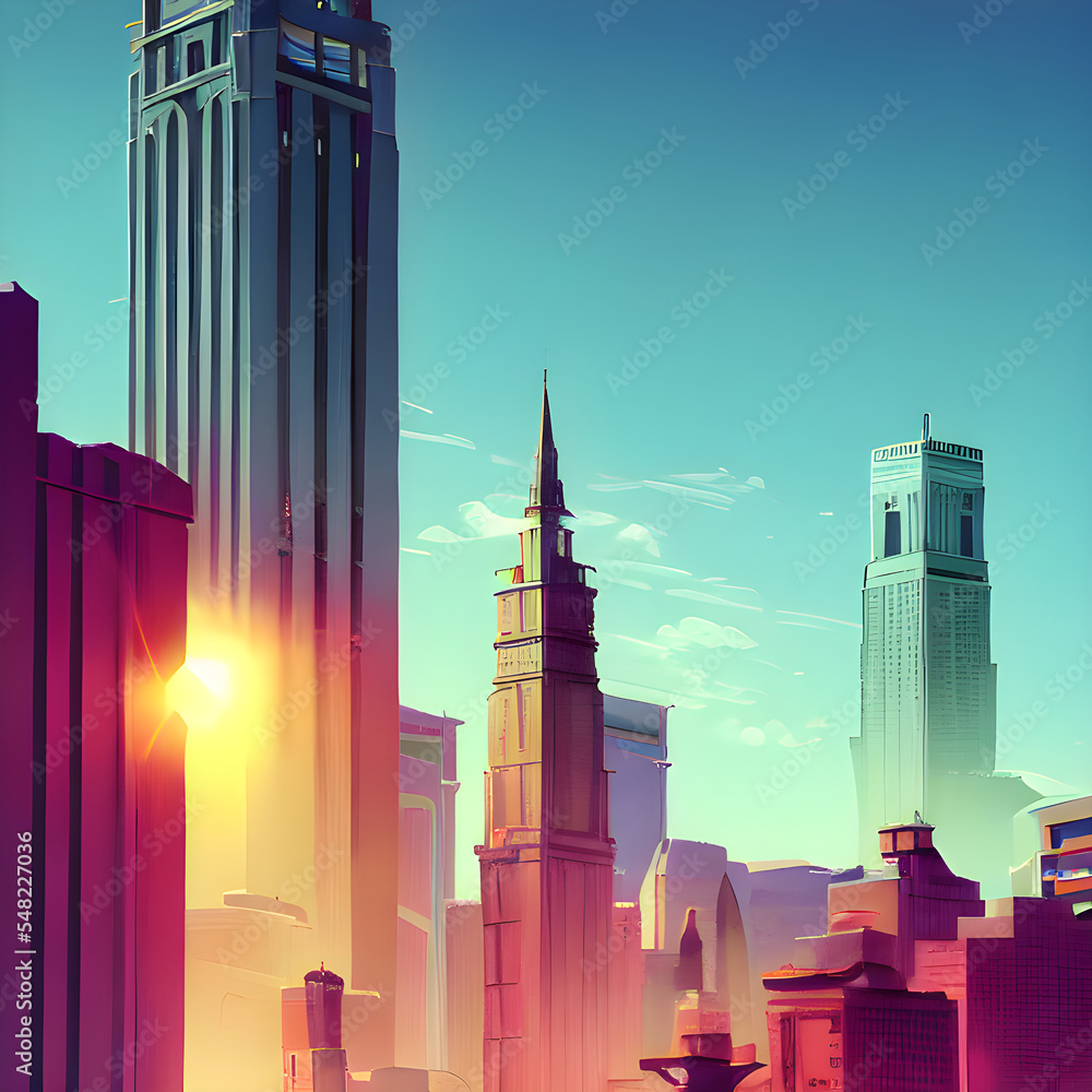 Obraz premium Vaporwaveをモチーフにした架空都市の風景イラストです。