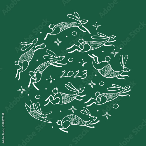Happy chinese new year 2023 of the rabbit zodiac sign. Greeting card design. ...