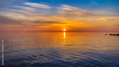  Summer sea design template. Beautiful sunset on tropical beach  and sunlight on horizon