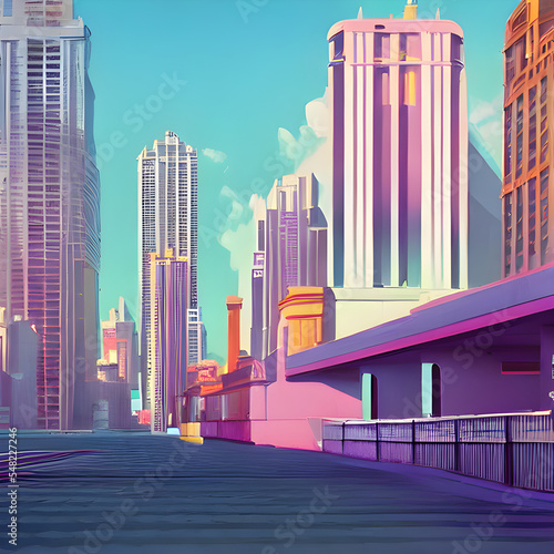 Vaporwaveをモチーフにした架空都市の風景イラストです。