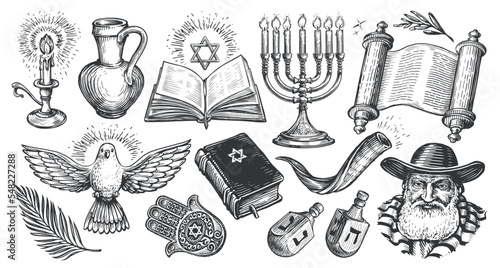 Jewish set. Religion concept sketch. Hanukkah symbols with candlestick, star of David, torah, menorah, dreidel photo