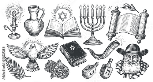 Jewish set. Religion concept sketch. Hanukkah symbols with candlestick, star of David, torah, menorah, dreidel