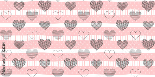 Black outline hearts with different textures on a pink and white striped background. Valentine`s day and wedding endless texture. Vector seamless pattern for wrapping paper, packaging, giftwrap, cover