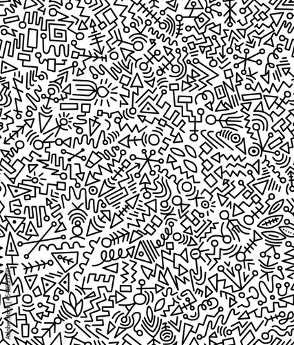 Black and white cartoon pattern on white background, doodle and abstract design, seamless background.