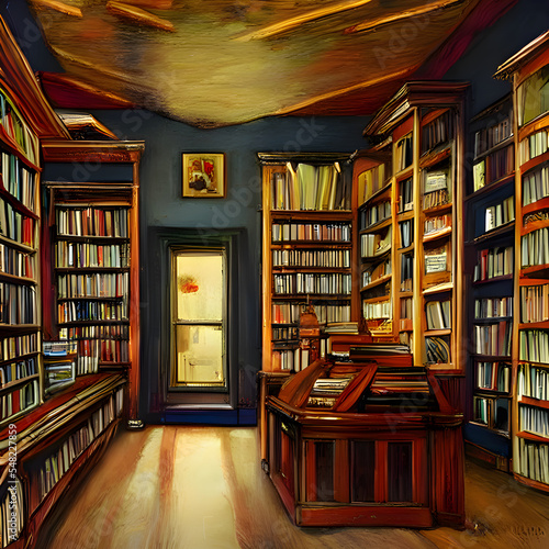 図書館や本屋といった本が棚にたくさん並んだ風景のイラストです。