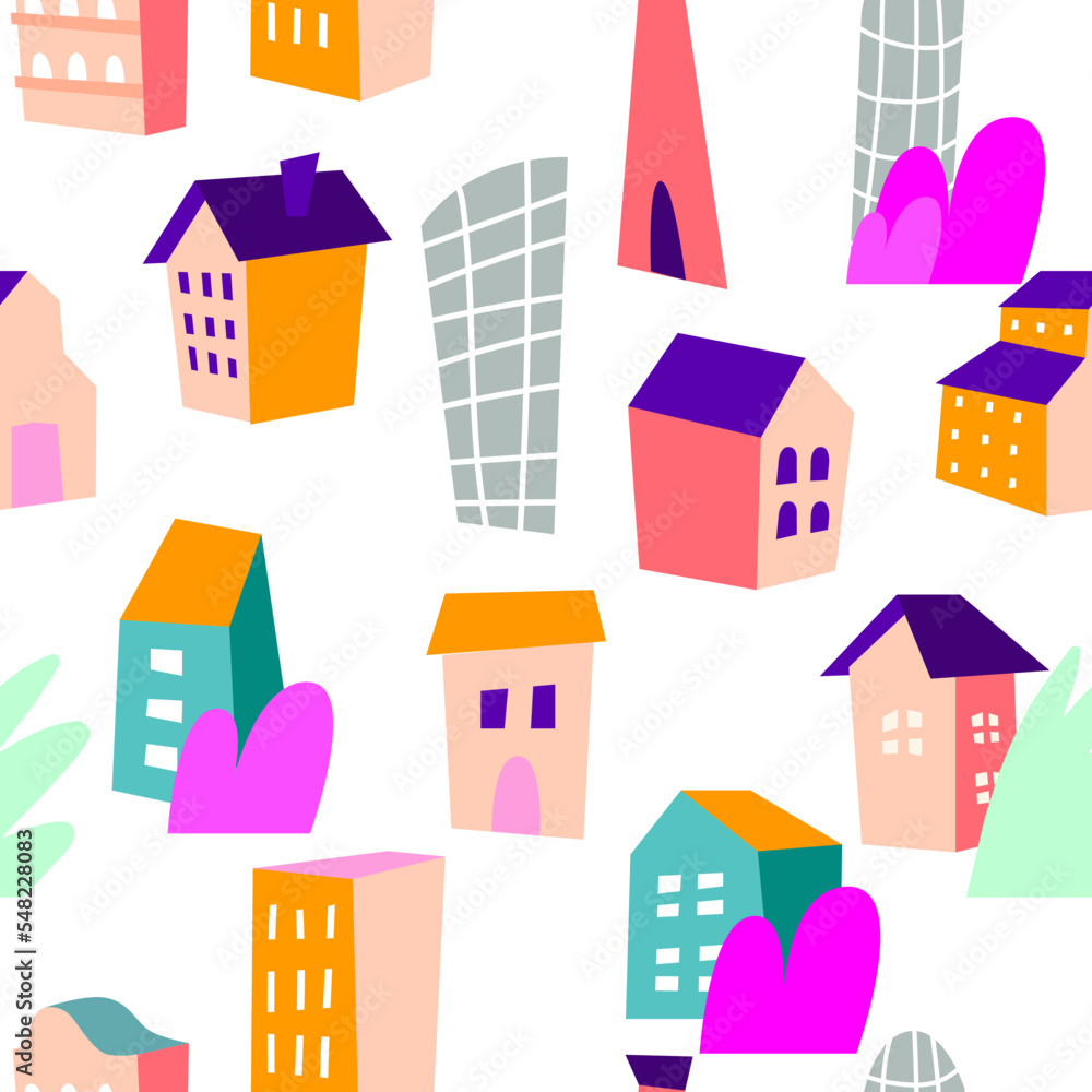Colorful doodles a seamless pattern with buildings, bushes, and trees on white background. Modern cute wall art design
