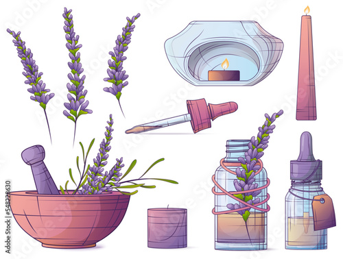 Set of vector illustration of aromatherapy elements. Candle, aroma lamp. Lavender essential oil. Glass bottle with dropper, pipette. Cosmetic, perfumery, aromatherapy.
