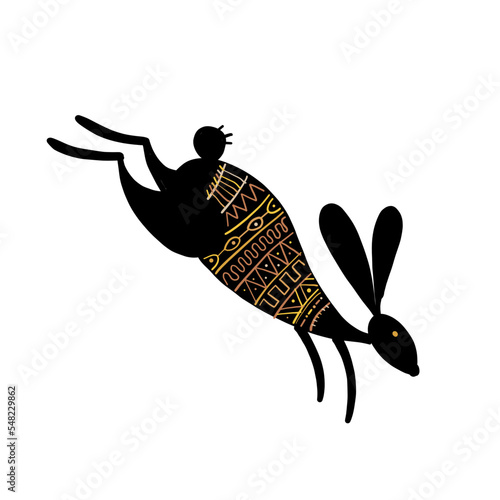 Rabbit isolated on white, black silhouette. Vintage ornament decor. Bunny - s...