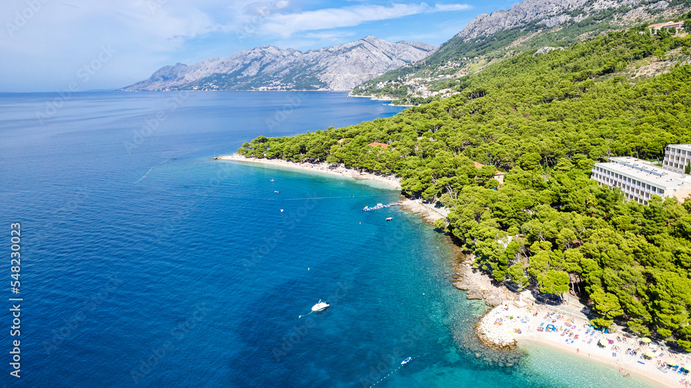 Aerial view of Punta Rata beach in Brela, Dalmatia, Croatia