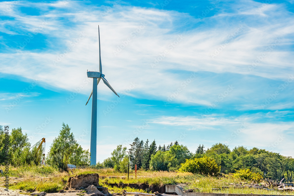 Fototapeta premium A wind turbine in an abandoned area with a small grove of trees and a sandy wasteland. Getting electricity in poor regions.