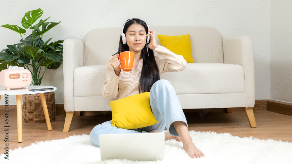 Home lifestyle woman relaxing lying down in living room. Happy girl shopping and listen music on laptop for wellness and health in weekend holiday. Lifestyle Concept Home lifestyle woman relaxing lying down in living room. Happy girl shopping and listen music on laptop for wellness and health in weekend holiday. Lifestyle Concept