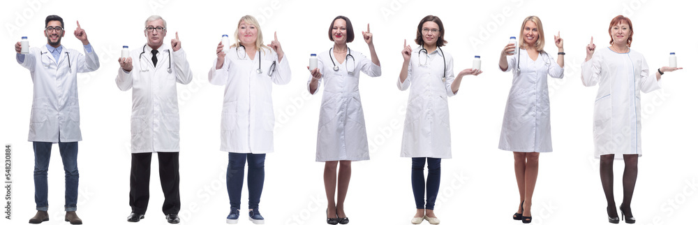 group of doctors holding jar isolated on white group of doctors holding jar isolated on white