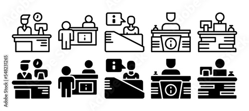 reception desk icon set, customer service, counter for web and mobile phone. vector illustration with a different style. line and solid style icon