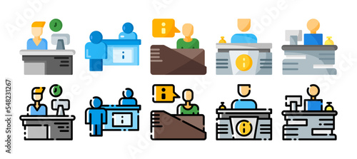 reception desk icon set, customer service, counter for web and mobile phone. vector illustration with a different style. flat and filled line style icon
