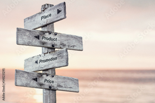 place product promotion price text written on wooden signpost outdoors at the beach during sunset