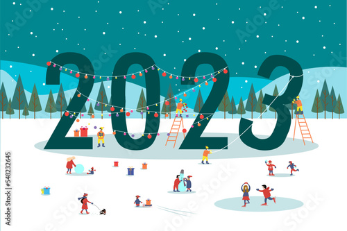 2023. New Year and Christmas. Winter landscape. People in park go sledding and skating, make snowman, hang garlands. Family holidays. Colored flat cartoon vector illustration horizontal banner