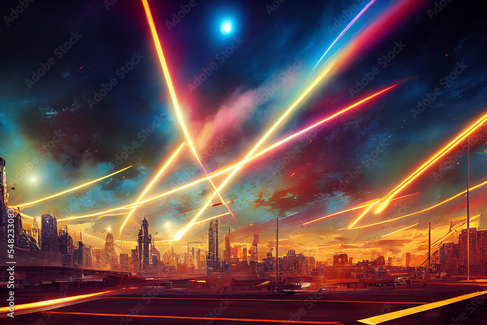Lasers in the sky as Alien Invasion begins over sci fi city