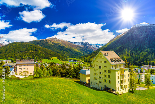 Houses in town village in Alps mountains  Davos  Graubuenden  S