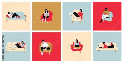 Girls sitting in armchair, sofa at home. Woman with laptopor book on the chair, sofa. Freelance or studying concept. Female character, chatting online using laptop, resting