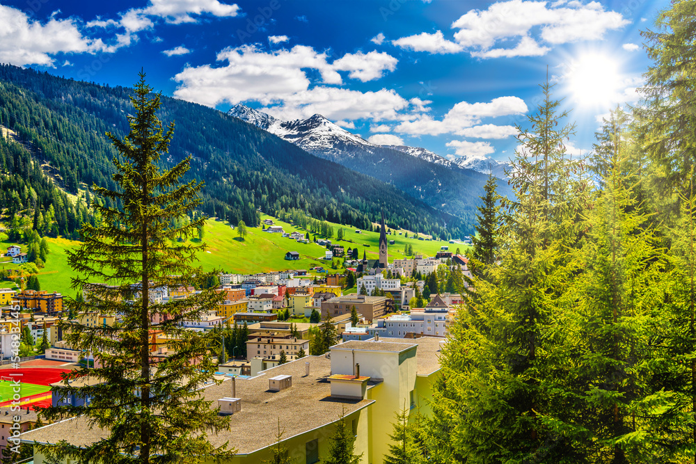 Houses in town village in Alps mountains, Davos, Graubuenden, S