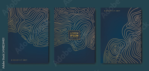 Vector topographic map set banners, covers. Contour line geographic map pattern. Golden and black, white. Labels, frames, social net stories, packaging, luxury products, perfume, wine.