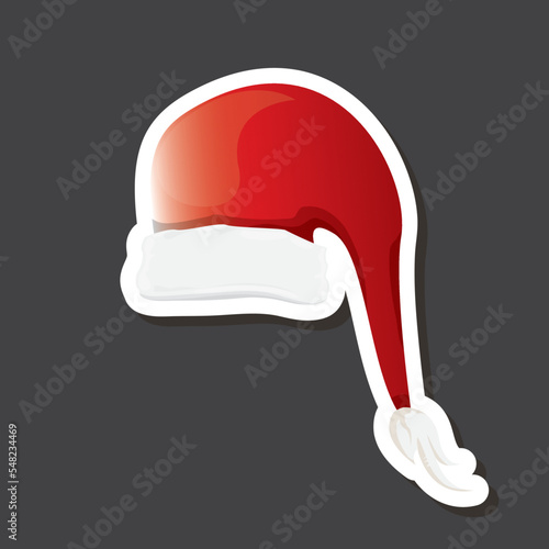vector red funky Santa Claus hat sticker icon or label isolated on grey background. merry christmas design element for banners and geeting cards