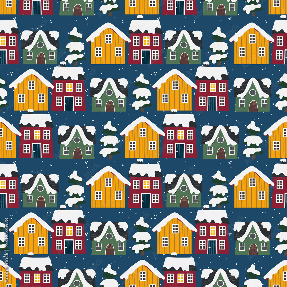 Cute houses seamless pattern, Winter houses repeat print,  Festive cityscape background, Christmas street wallapaper,  Urban ornament,  Wrapping paper, wallpaper, textile