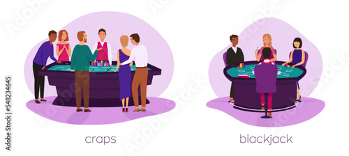 People play blackjack and craps game vector set. Casino, gaming house flat illustration. Happy people characters. Casino interior decor. Gambling industry. For design casino web sites.