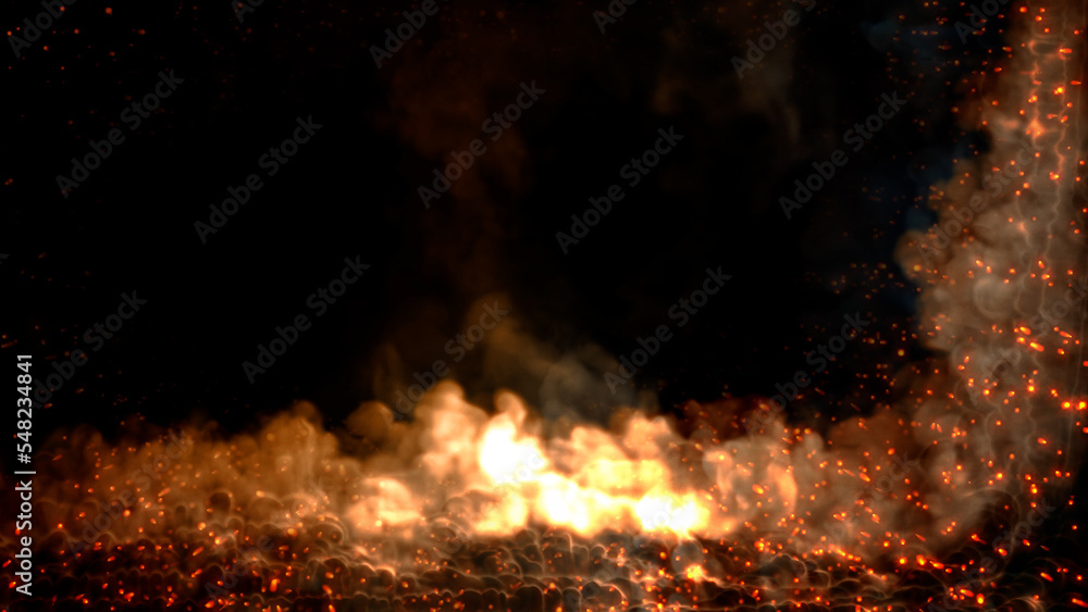 blazing clouds frame backdrop with fire at right and bottom - abstract 3D rendering