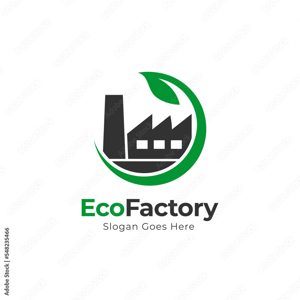 actory and leaf logo combination. Industry and eco symbol or icon. Unique manufacturing and organic logotype design template
